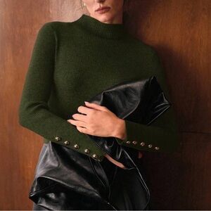 Elegant Green High Neck Button Sleeves Sweater